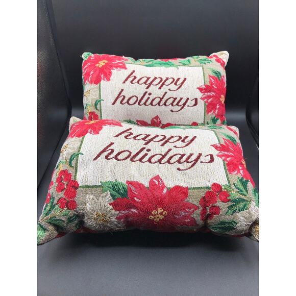 Happy Holidays 2 Needlepoint Petit Retangle Couch Throw Pillows Red Poinsettia - Picture 1 of 8